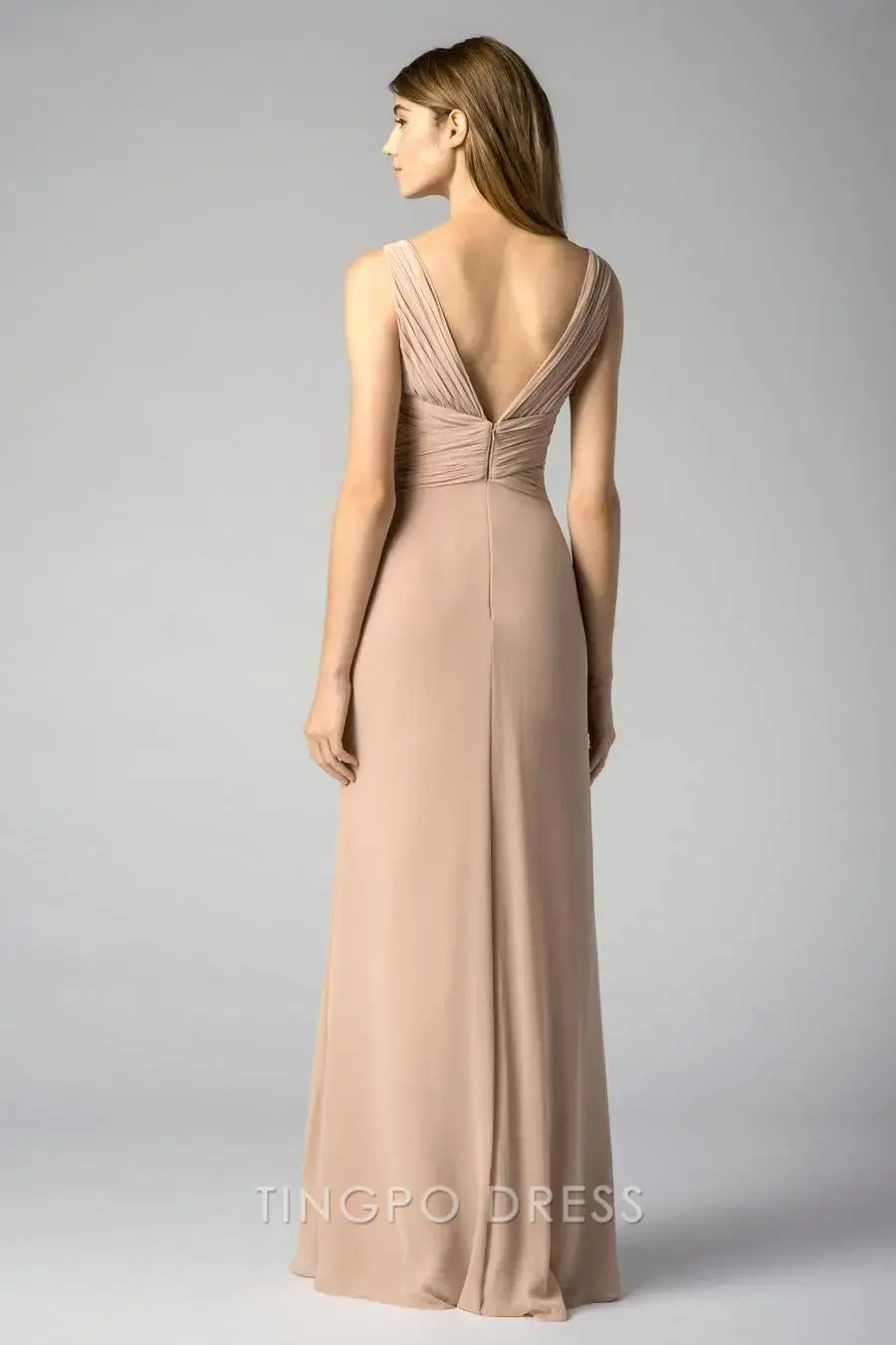 TingPo Wholesale Elegant Nude Deep V Dress - Sleeveless Ruched - Waist Maxi Evening Gown